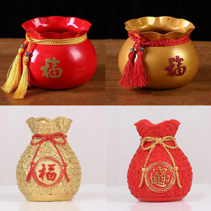 钱袋福字花瓶麦穗稻穗发财果同款铁艺花盆树脂工艺福袋花瓶