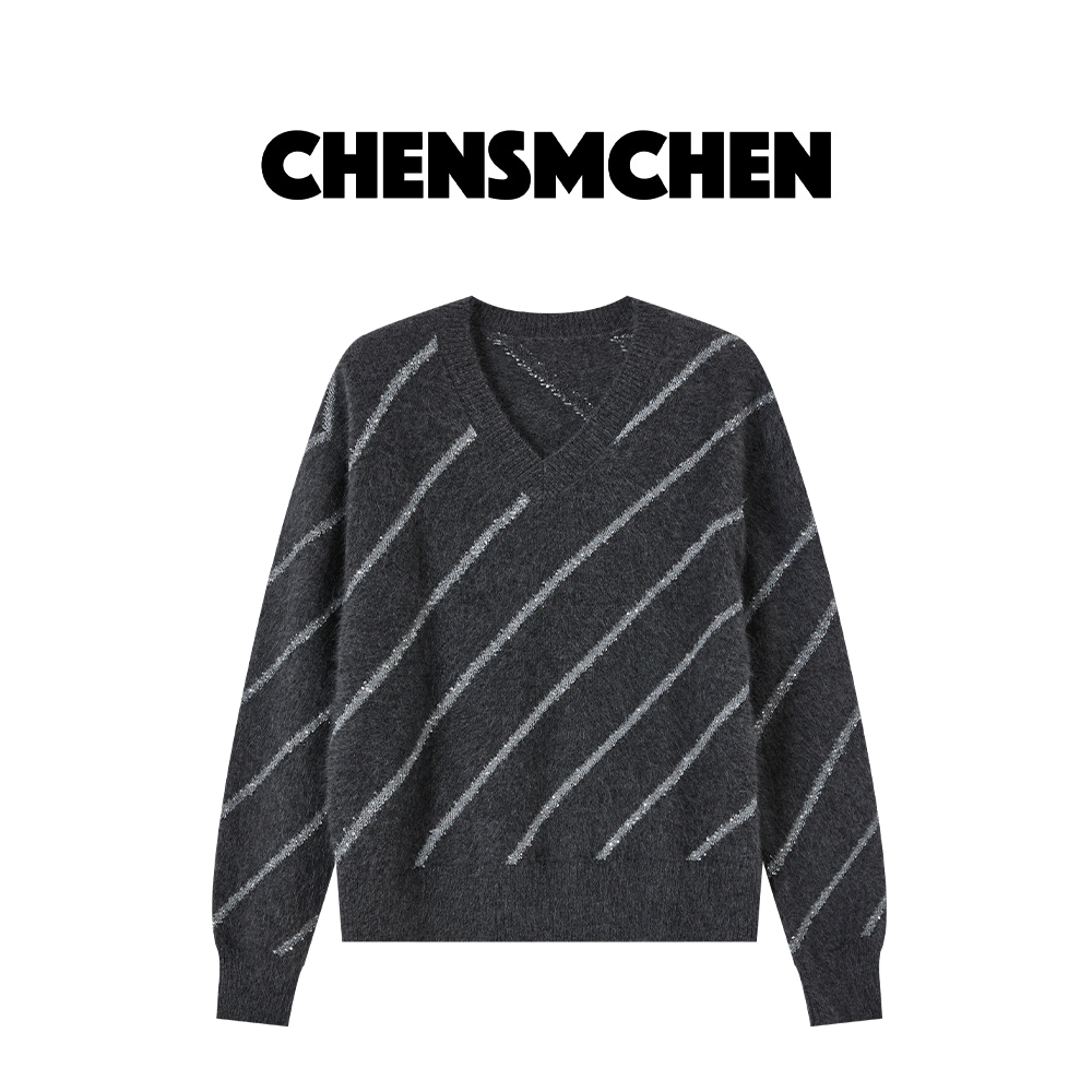 CHENSMCHEN V领套头亮片针织衫女秋季宽松条纹百搭上衣C24M6090R