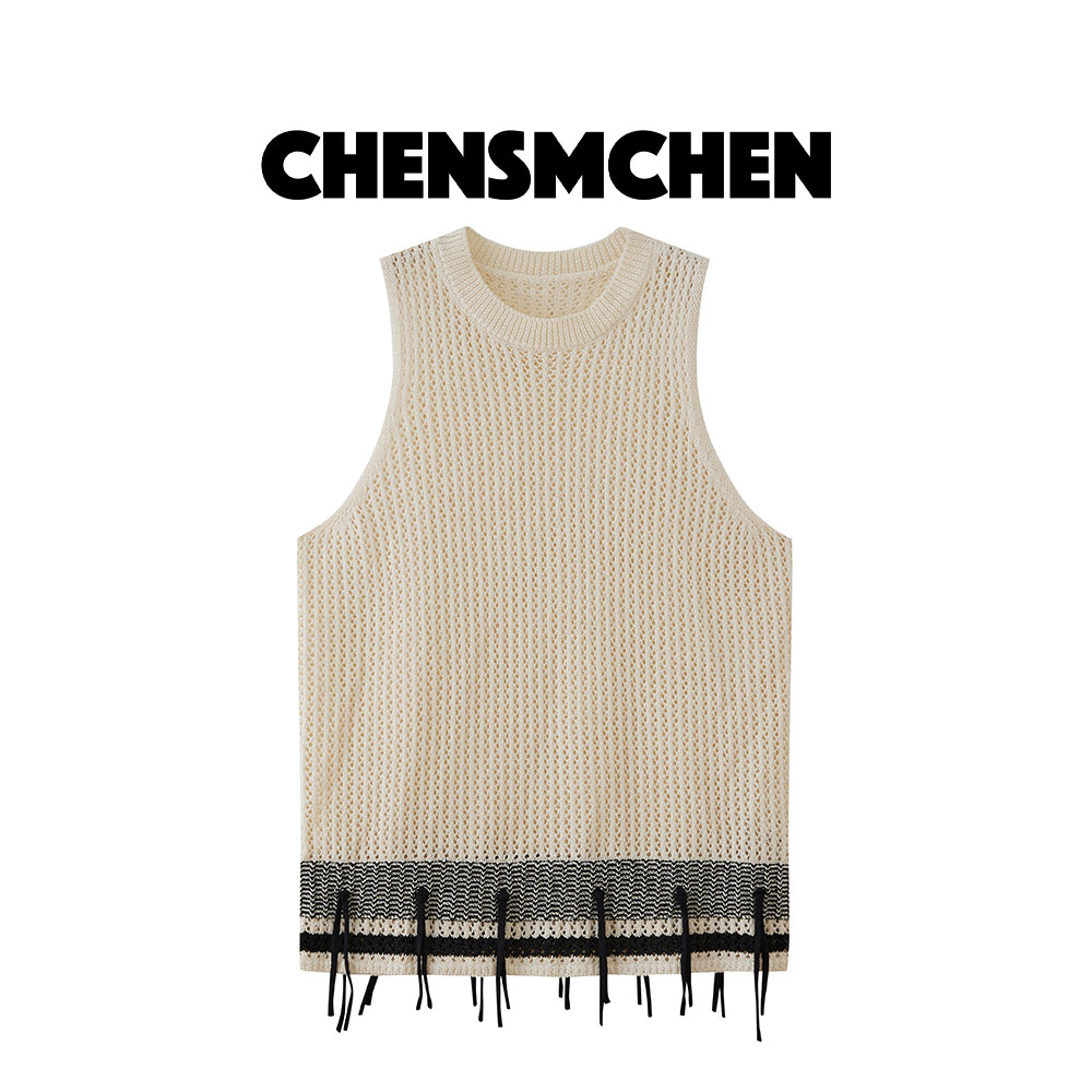CHENSMCHEN夏季撞色流苏背心女设计感外穿无袖圆领上衣C24B055MN