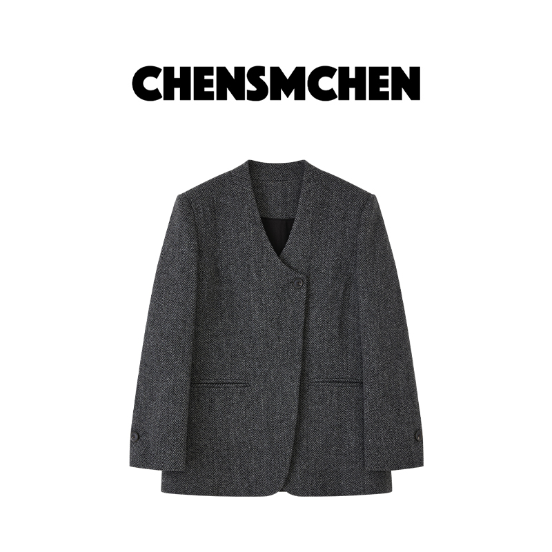 CHENSMCHEN 100绵羊毛V领外套女秋季设计感百搭显瘦西装C24W058MX