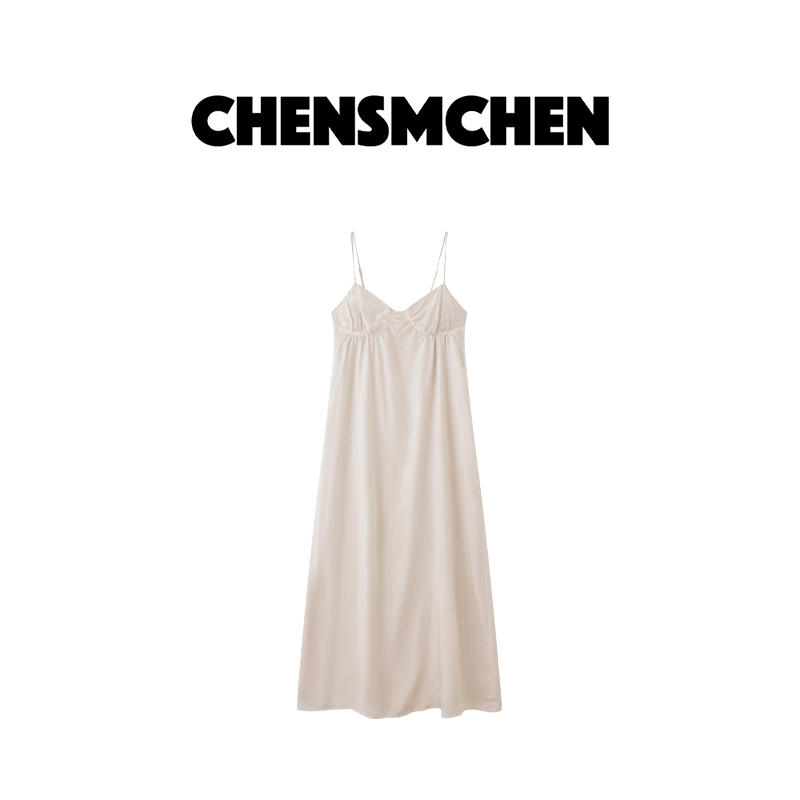 CHENSMCHEN【漫舞】100铜氨丝V领显瘦吊带裙女露肩长裙C24L8009TT
