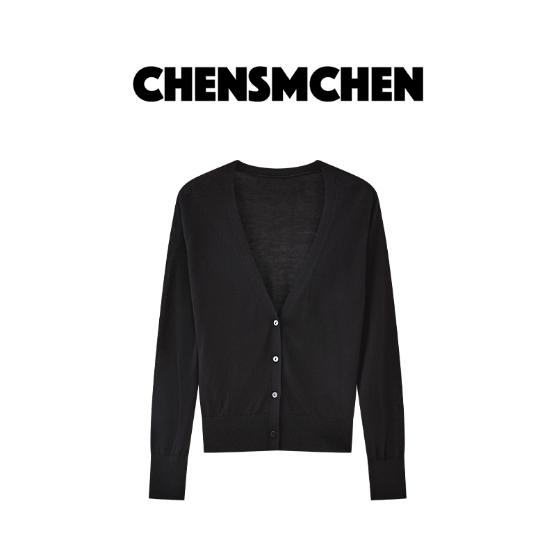 CHENSMCHEN夏季莱赛尔V领针织衫女三醋酸百搭长袖上衣C24Z046SL