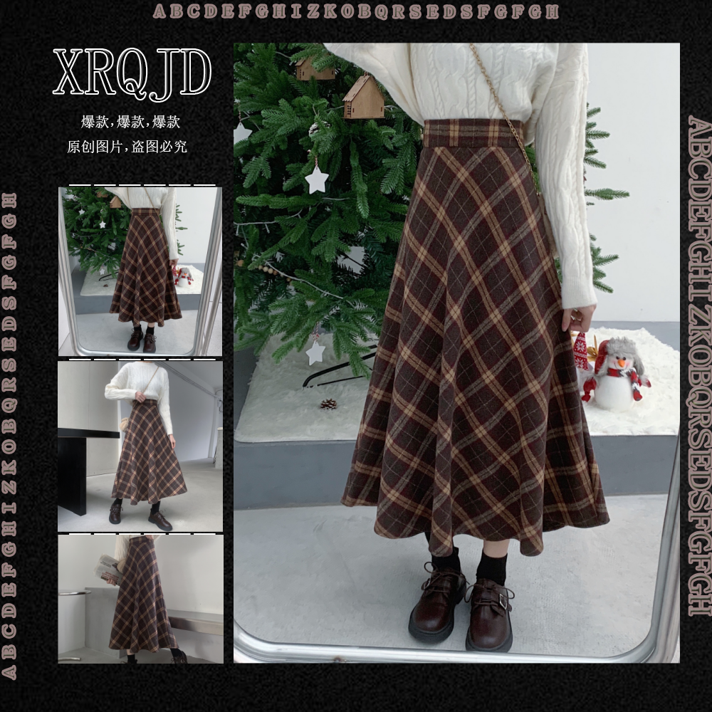 气质高端 大码遮胯毛呢半身裙秋冬季中长款胖妹妹显瘦 a字格子裙