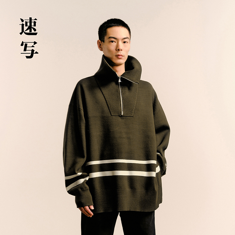 速写男装秋冬新款休闲宽松毛衫复古学院撞色设计潮上衣9O0311450