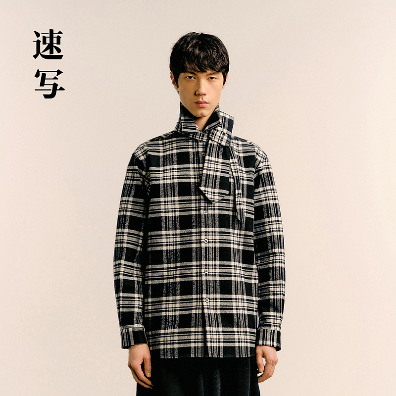 速写男装秋冬新款休闲宽松衬衫长袖格纹衬衣时尚设计感9O0224550