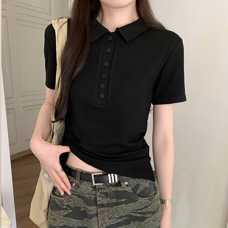 纯欲紧身POLO衫气质夏季少女辣妹黑色短袖修身显瘦T恤小众设计感