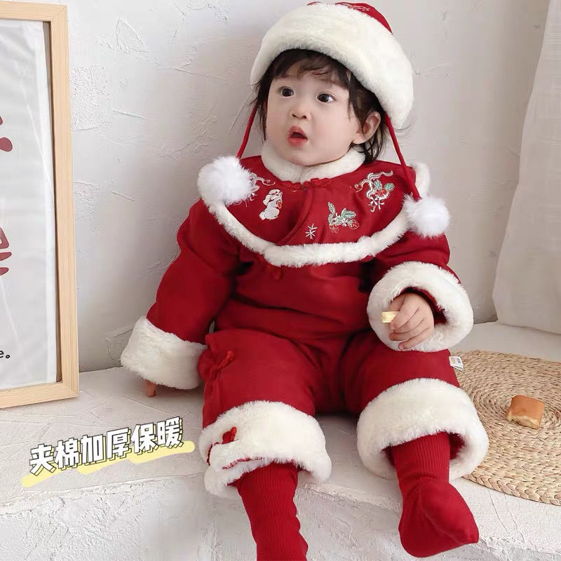 婴儿过年衣服喜庆冬装新拜年周岁宝宝加厚棉衣连体哈衣中国风爬服