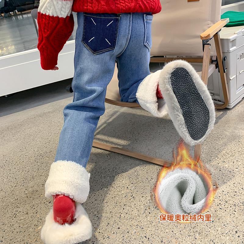 女童加绒牛仔裤秋冬新款女孩洋气一体绒裤子冬装加厚小女孩休闲裤