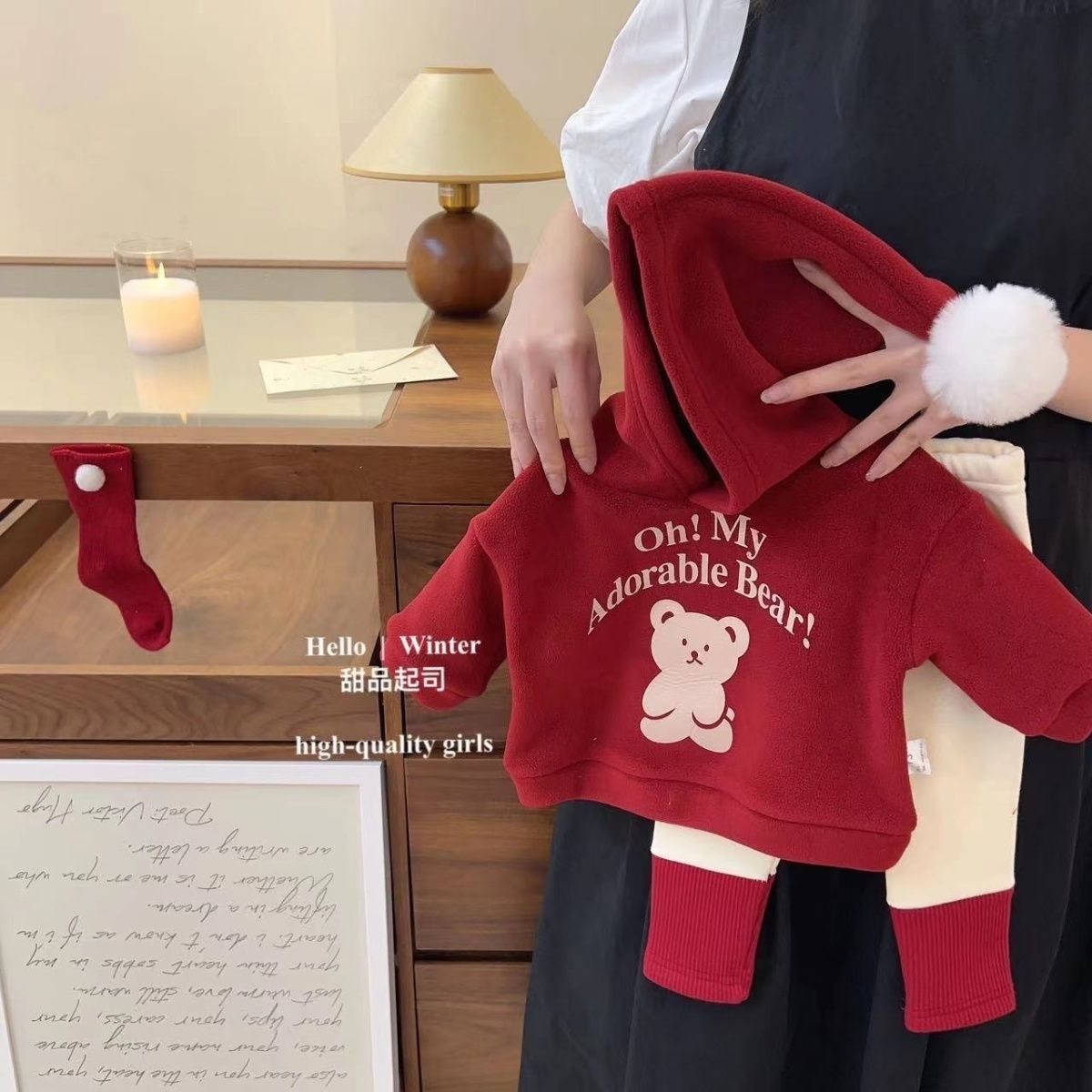 秋冬两件套韩版婴儿双面绒圣诞新年连帽卫衣男女宝宝加绒裤套装潮