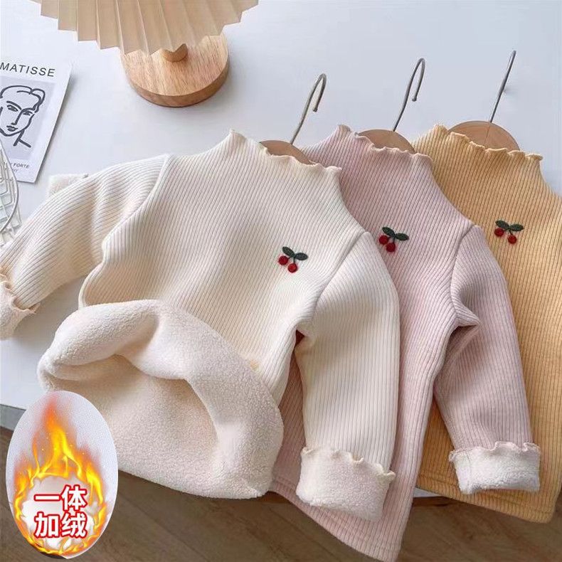 女童加绒打底衫2023秋冬新款儿童洋气半高领上衣宝宝保暖长袖T恤