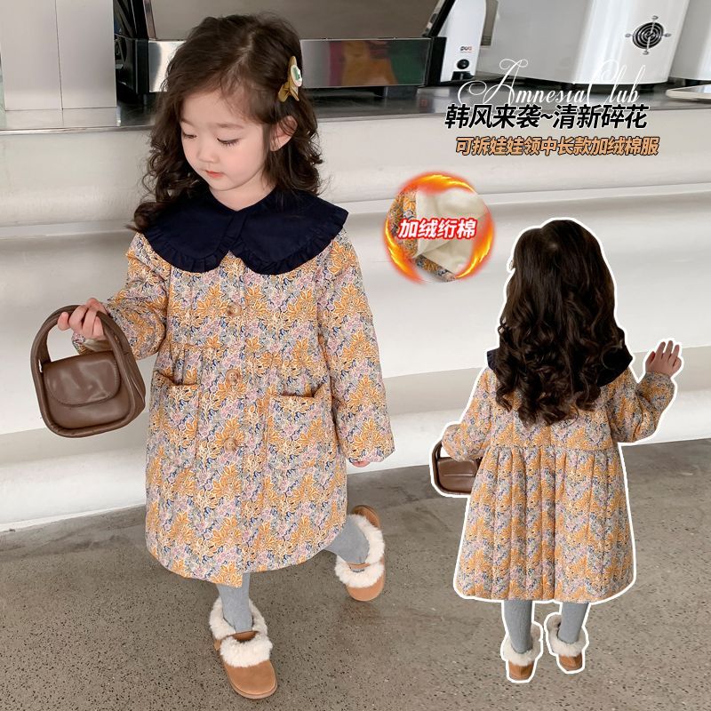 女童加绒棉衣2023冬季款洋气碎花绗棉连衣棉裙中长款夹棉外套
