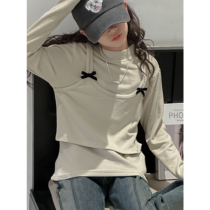 K27545假两件女童长袖T恤2025秋冬装新款大童磨毛加厚打底衫上衣t