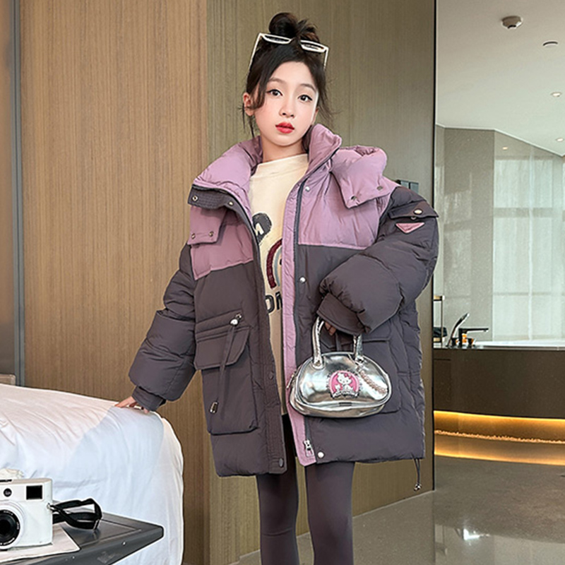 女童青少年棉服连帽中长款中大童韩版保暖冬季时尚宽松加厚棉袄