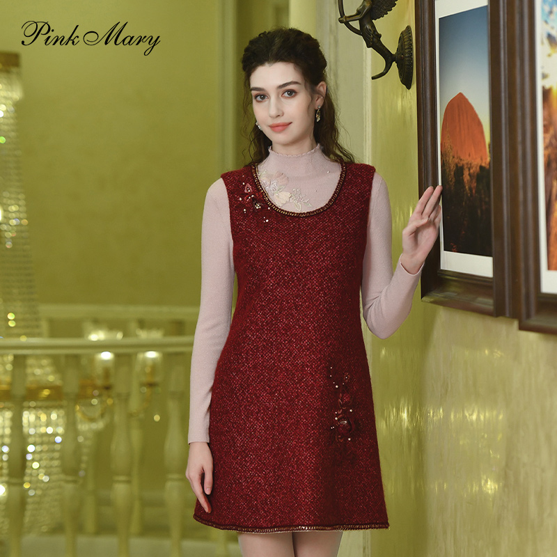 Pink Mary/粉红玛琍国风钉珠绣花无袖连衣裙PMANW5201