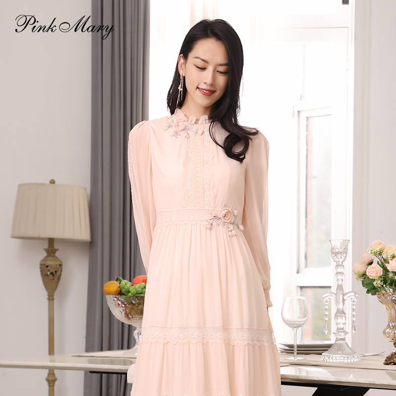Pink Mary/粉红玛琍气质手工刺绣长袖桑蚕丝连衣裙PMAMS5509