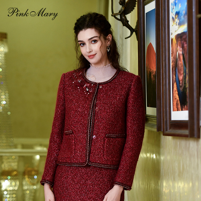 Pink Mary/粉红玛琍钉珠绣花圆领香风外套PMANW6352