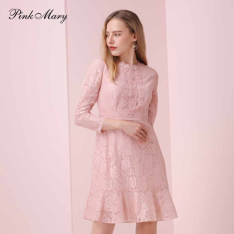 Pink Mary/粉红玛琍蕾丝收腰气质长袖连衣裙PMAJS5508