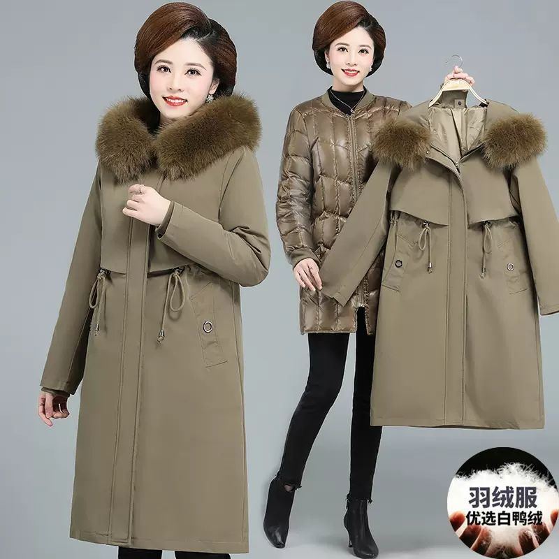 波司澄中年妈妈派克羽绒服可拆卸内胆中老年秋冬装女长款过膝白鸭