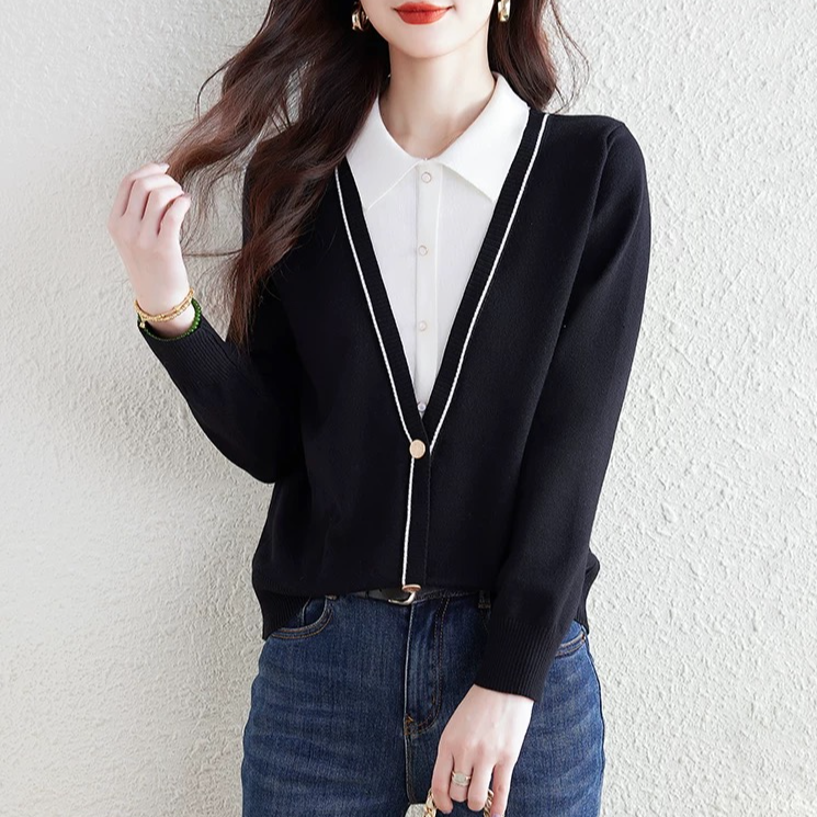 秋冬新款假两件时尚上衣减龄长袖针织气质百搭宽松显瘦大码毛衣