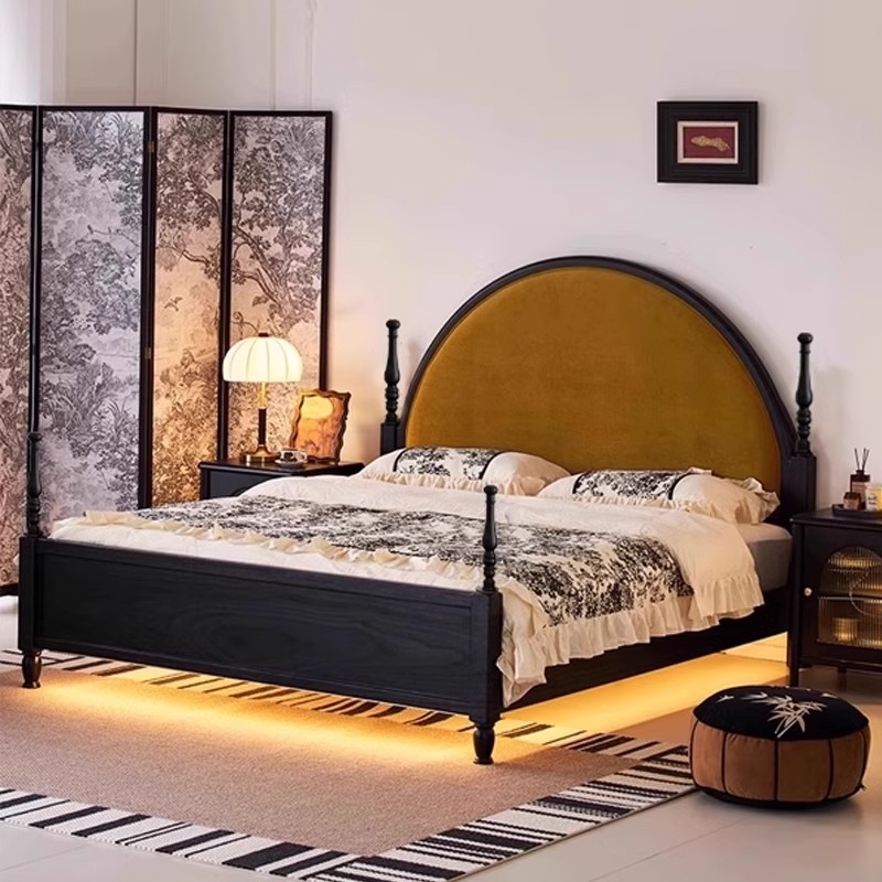 半月法式复古主卧室床中古风白蜡木全实木床软床可带感应灯