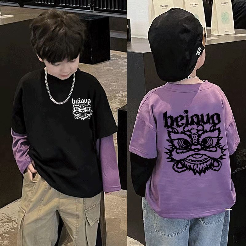 儿童纯棉长袖打底衫男童春秋装新款洋气假两件中大童拼接帅气上衣