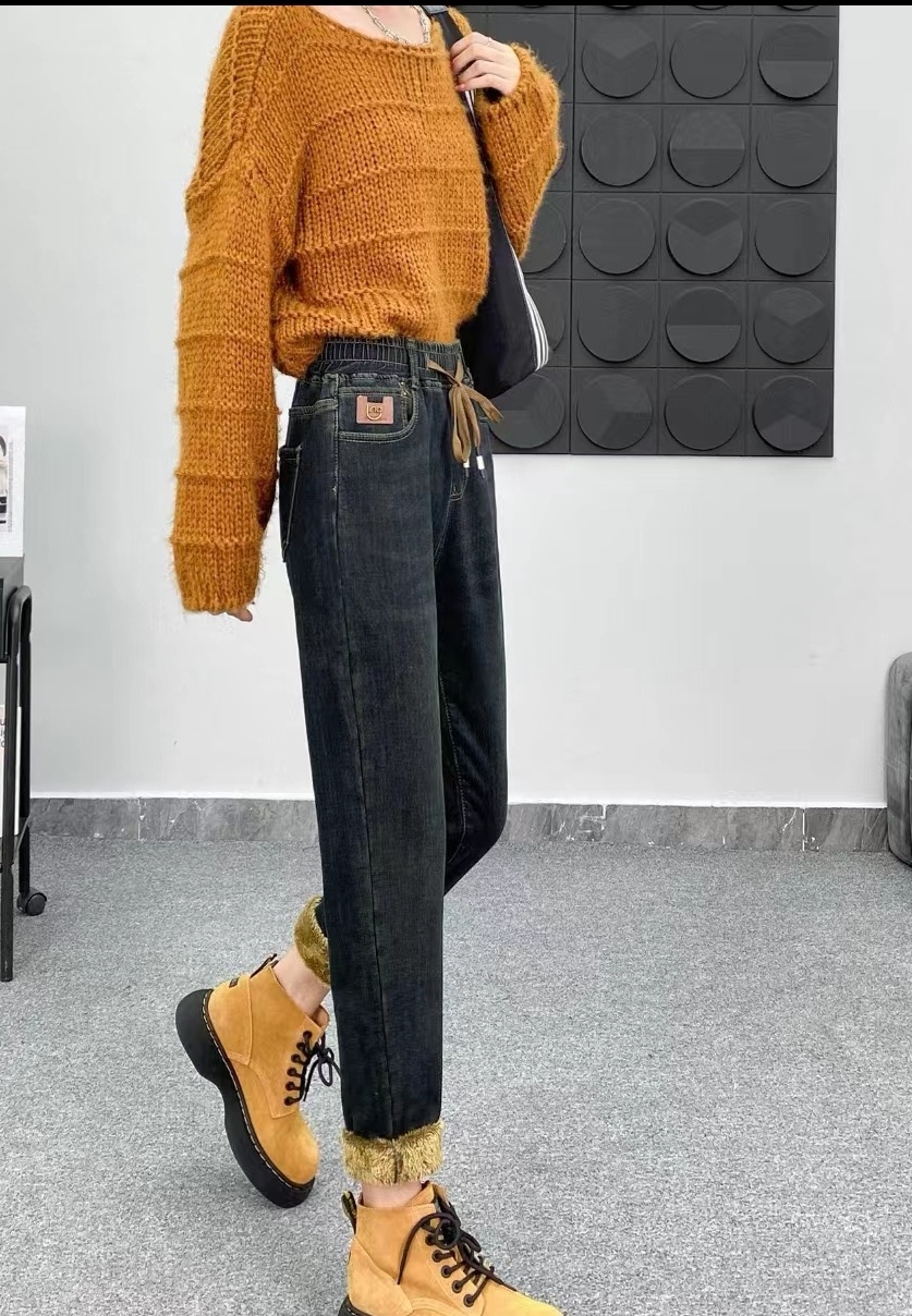 高腰加绒加厚直筒牛仔裤女冬季女士宽松显瘦小个子烟管外穿裤子