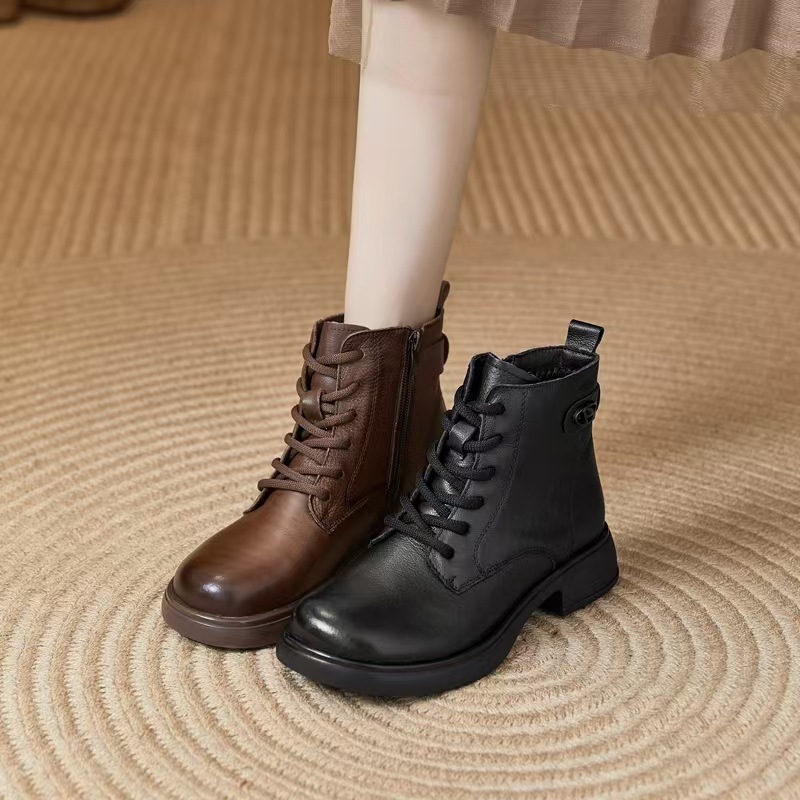【女鞋】秋冬新款头层水洗牛皮马丁靴前系带内里超柔中年女士短靴