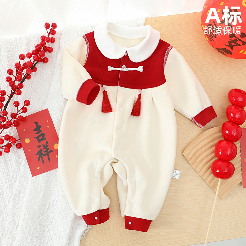 婴儿衣服秋冬款加绒国风男女宝宝一体绒儿童保暖连体衣中厚婴幼儿