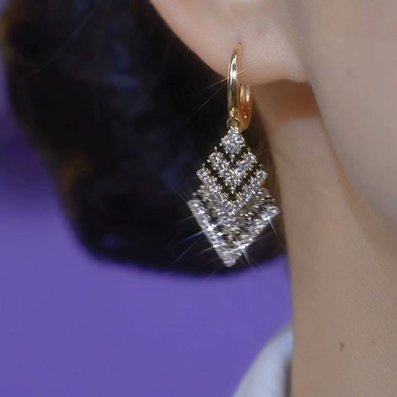 铜合金耳饰 气质超闪黑白菱形耳环轻奢高级感长款耳饰PT0346