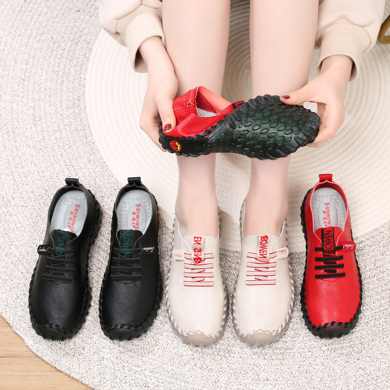 森柏文女鞋休闲软底妈妈鞋单鞋秋平底舒适时尚老年洞洞鞋2302