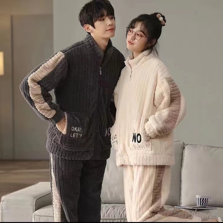 珊瑚绒秋冬保暖女休闲拉链加绒长袖长裤大码宽松家居服睡衣套装