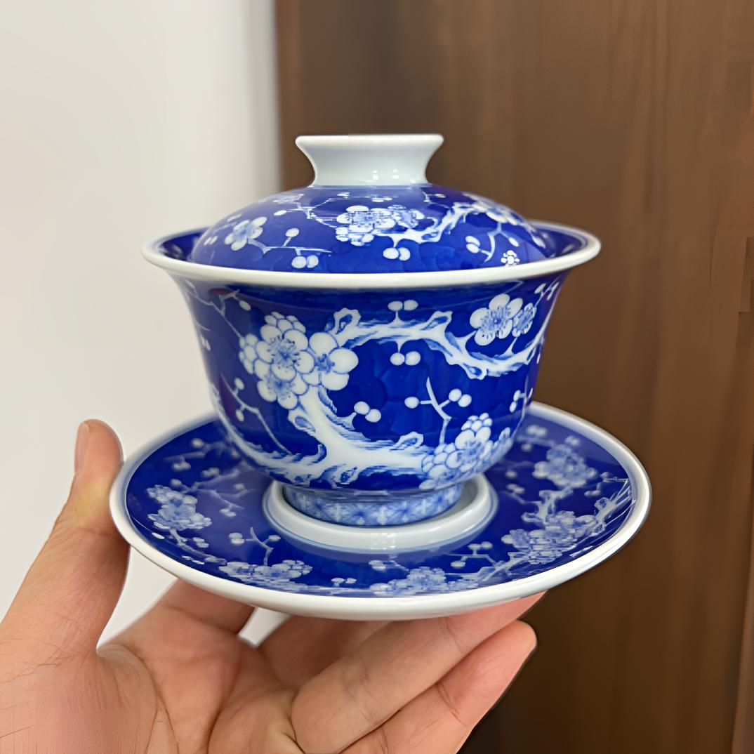 景德镇陶月楼青花手绘冰梅二才盖碗 全手工手绘 容量150ml