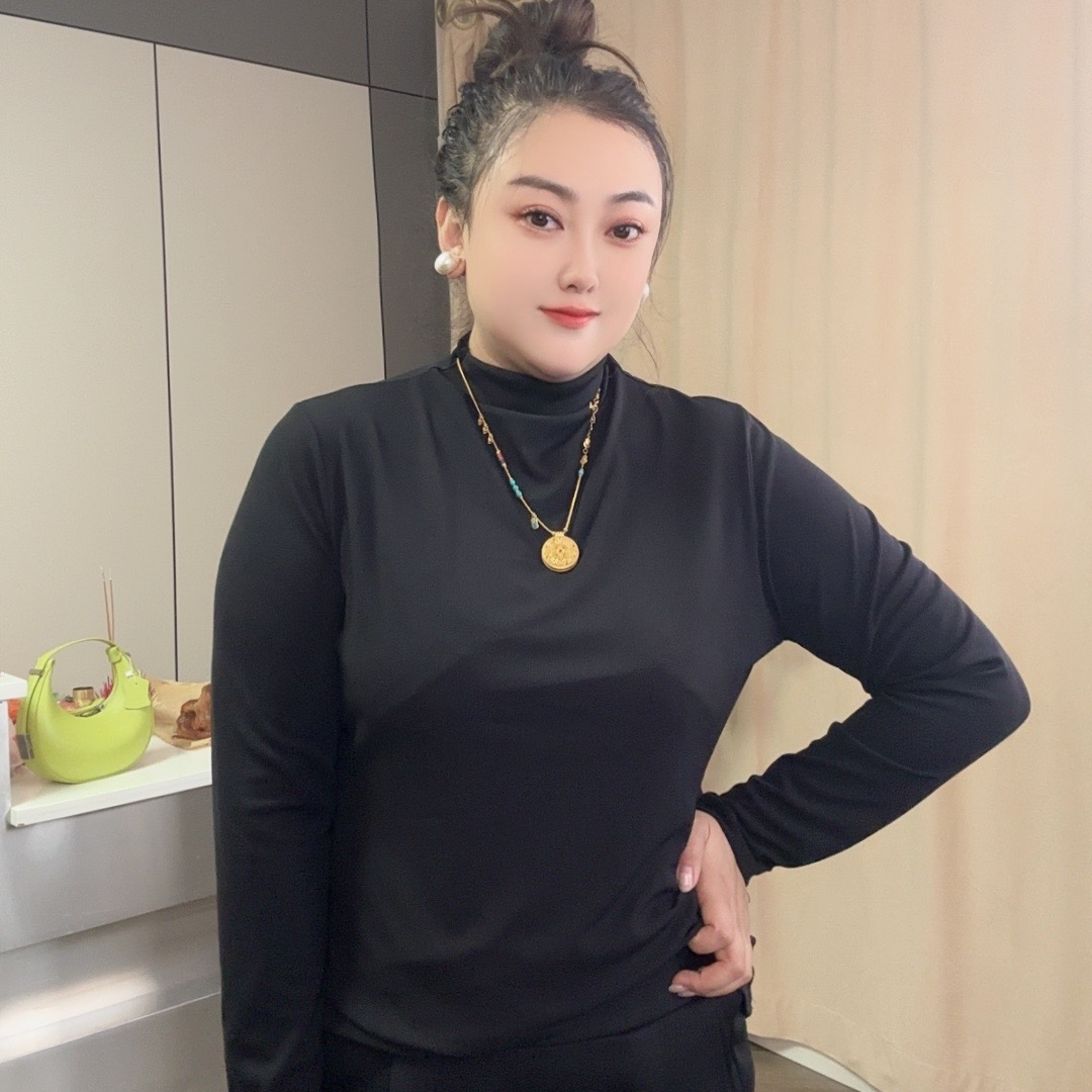 高领长袖针织时尚百搭女士黑色修身半高领纯色套头打底衫