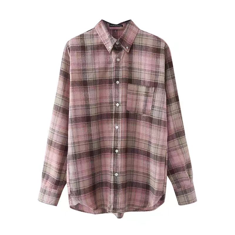 BM风杨幂同款复古甜美风女士休闲格子长袖衬衫时尚显瘦宽松衬衣