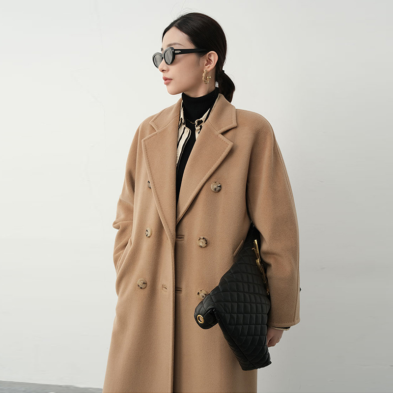 秋冬款羊毛山羊绒大衣女中长款毛呢外套双排扣宽松经典驼色101801