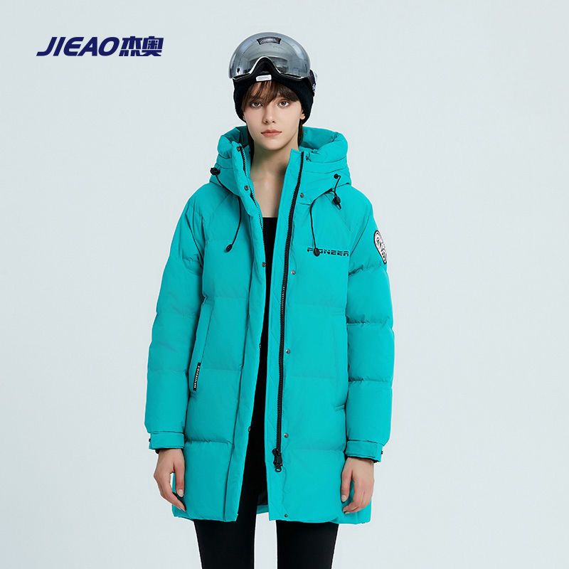 JIEAO/杰奥女90鹅绒服中长款加厚保暖连帽宽松运动羽绒服户外防寒