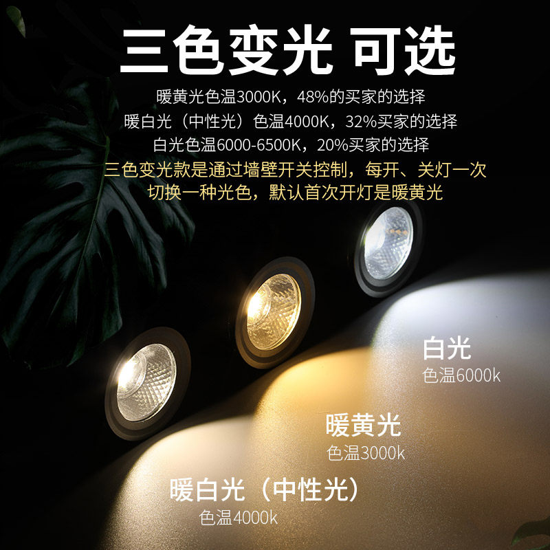 客厅嵌入式开孔家用LED孔灯超亮背景墙可调节三色COB轨道开孔射灯