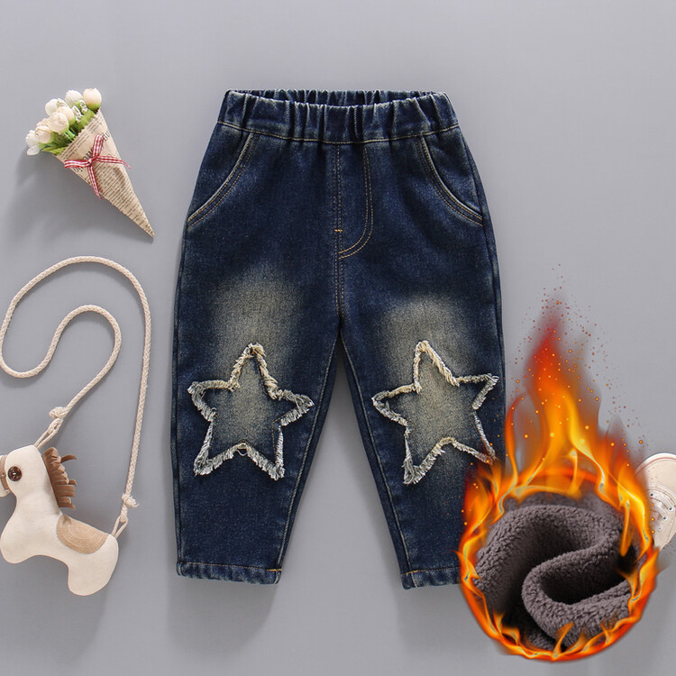 男童加绒弹力软牛仔2023新款潮酷洋气复古五角星儿童一体绒长裤子