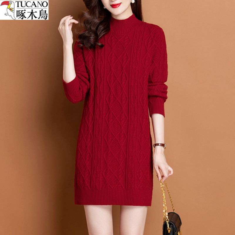 100羊毛半高领针织中长款毛衣裙打底加厚色绞花毛衣女