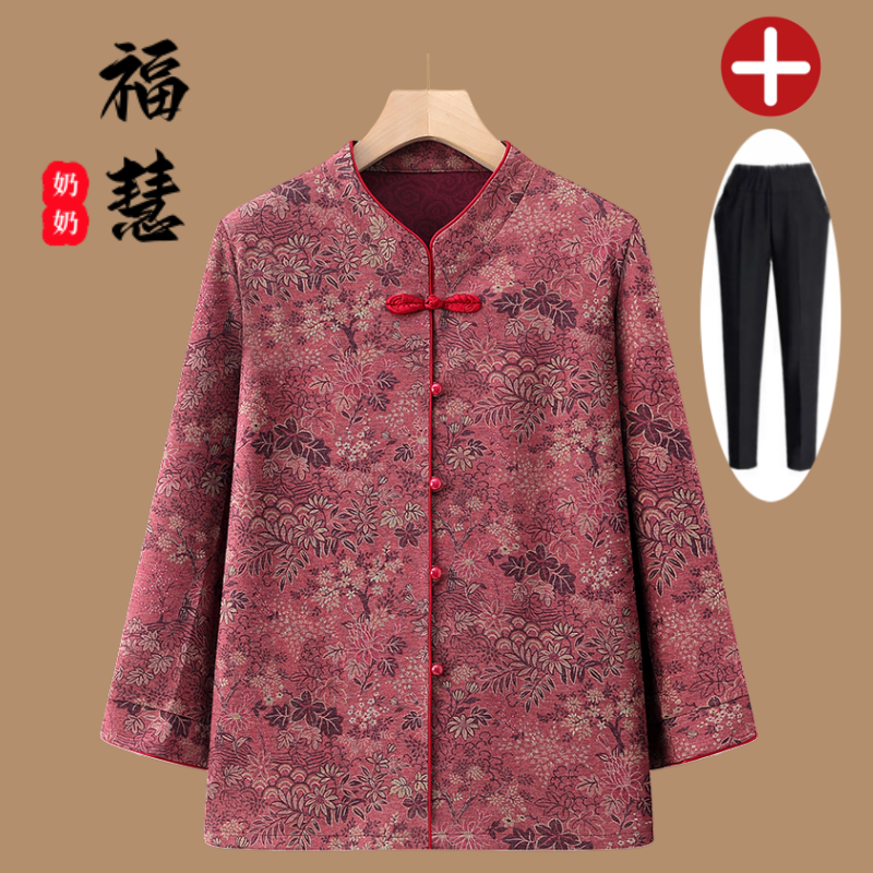 老人老太中国风奶奶装中老年妈妈装春秋老年人喜妈妈衬衫夏季红色