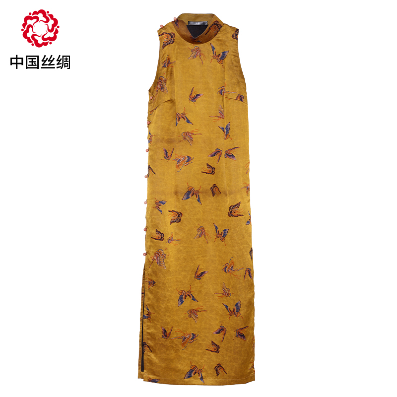 中国丝绸隆鹊『莨珠记  黄底彩蝶』香云纱旗袍中式国风无袖复古气质