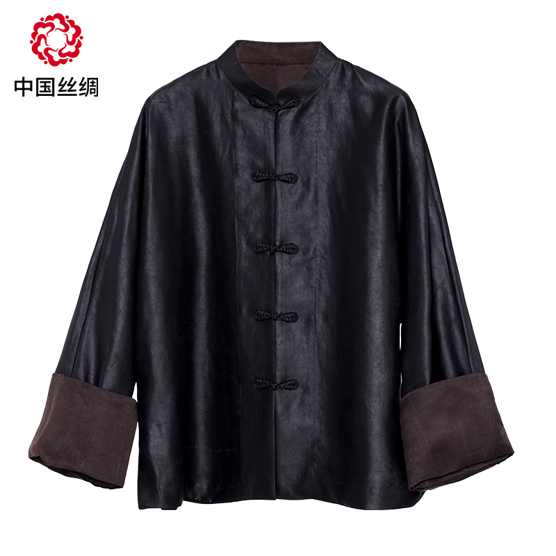 中国丝绸隆鹊『莨珠记  古法素平缎』银云纱上衣外套时尚黑色百搭款