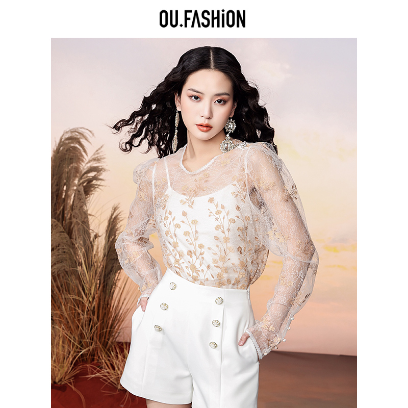【彭彭echo】OU.FASHION/欧点蕾丝长袖上衣衬1032230178新年热力感