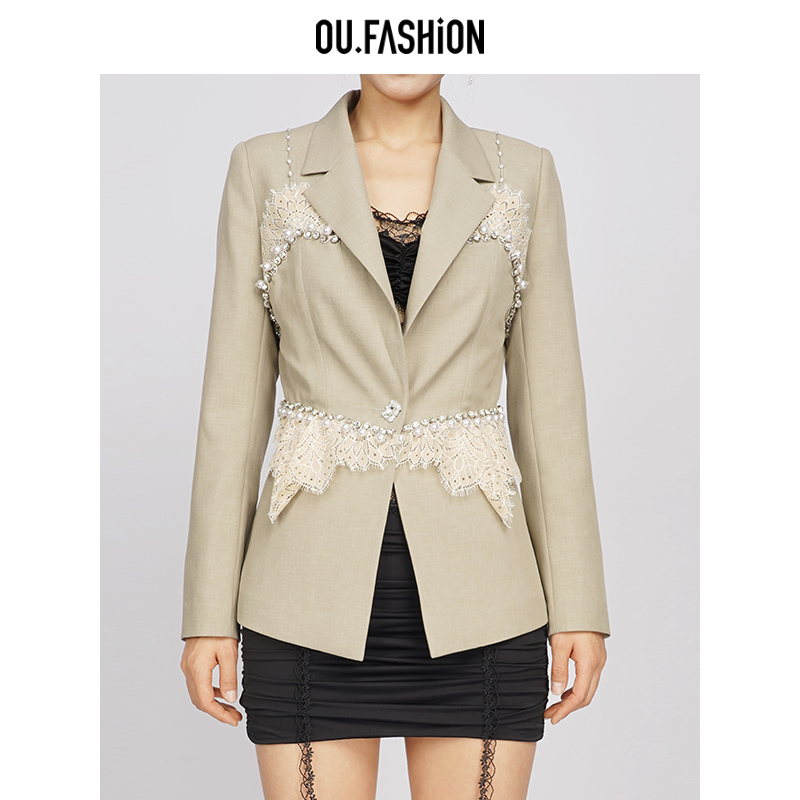 【商场同款】OU.FASHION/欧点春夏复古蕾丝修身中长西装1072210441