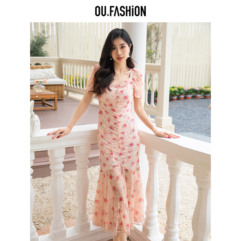  【欧点の花专属】OU.FASHION/欧点蕾丝女连衣裙收腰印花6122320094