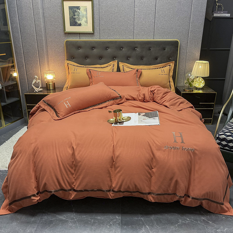 新款 纯色刺绣大H加厚磨毛简约轻奢被套床单床笠款四件套床品