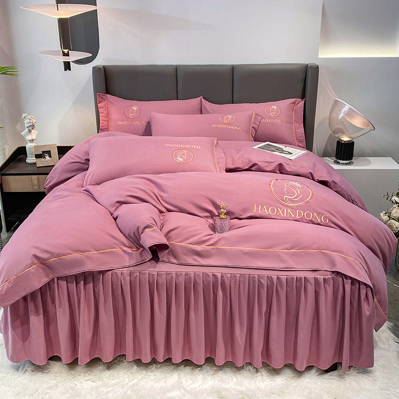 新款公主风轻奢简约欧式纯色亲肤绣花床裙款四件套