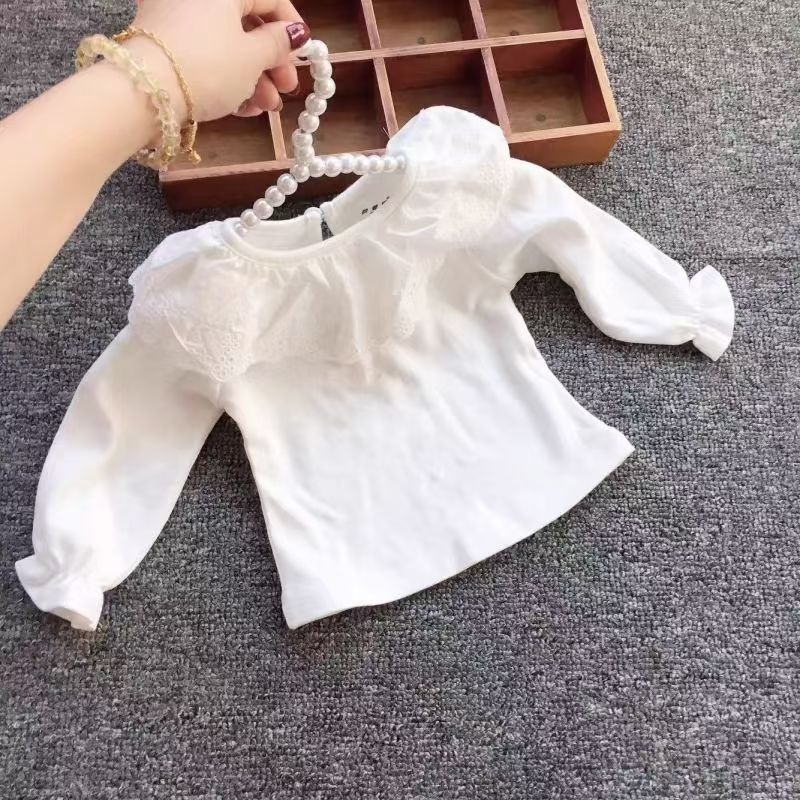春秋款百搭上衣秋装女宝宝纯色蕾丝公主领长袖T恤打底衫