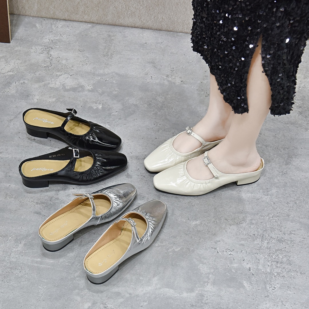 34一40码3公分春季新款油蜡牛皮包头半拖外穿懒人一脚蹬单鞋女鞋