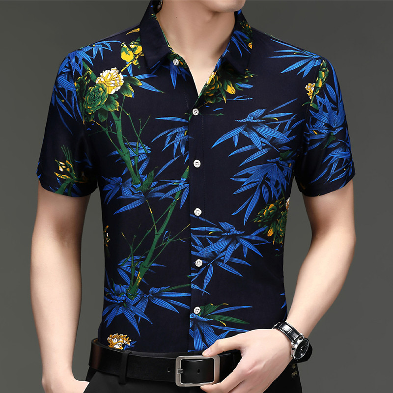 夏季短袖印花衬衫男中年男士冰丝休闲免烫抗皱半袖碎花衬衣男装潮